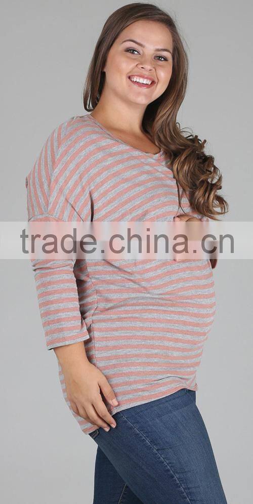 Pink Grey Striped Plus Size Maternity Top XYT2840