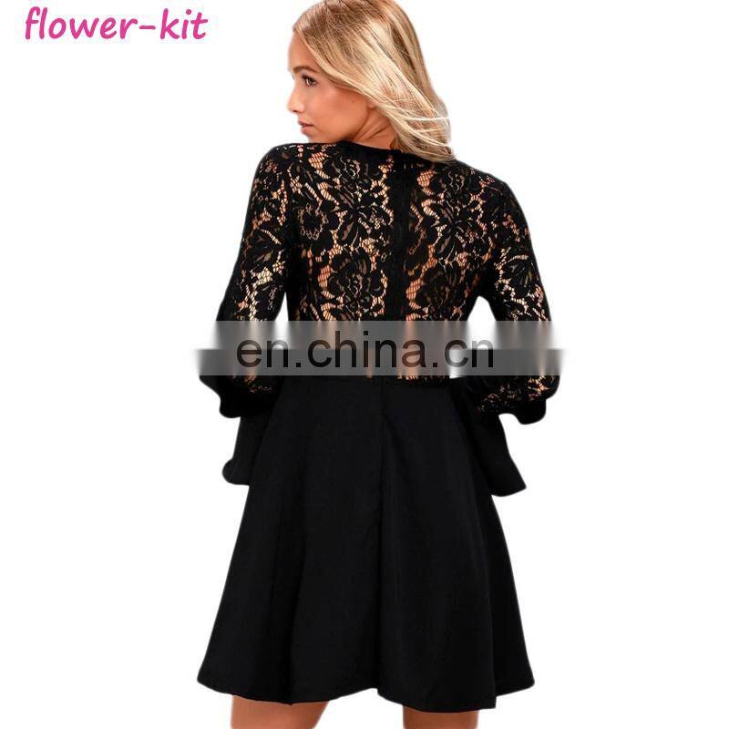 Wholesale Black Lace Long Sleeve Skater Dress For Women