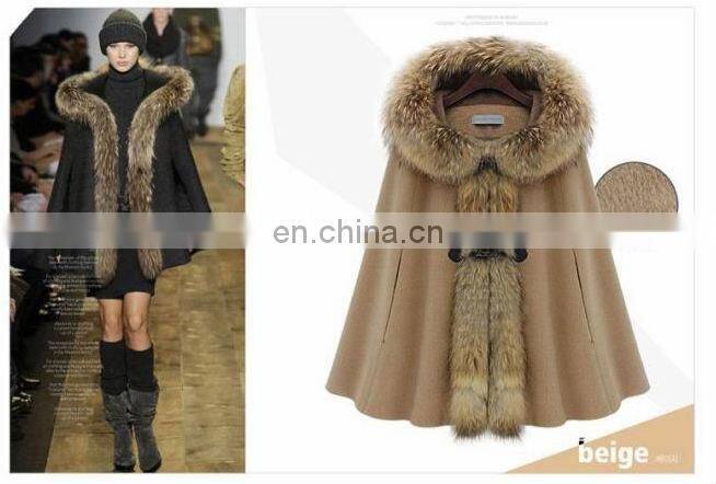 2013 Luxury Woman's Mink Fur Collar Hooded Cloak Coat