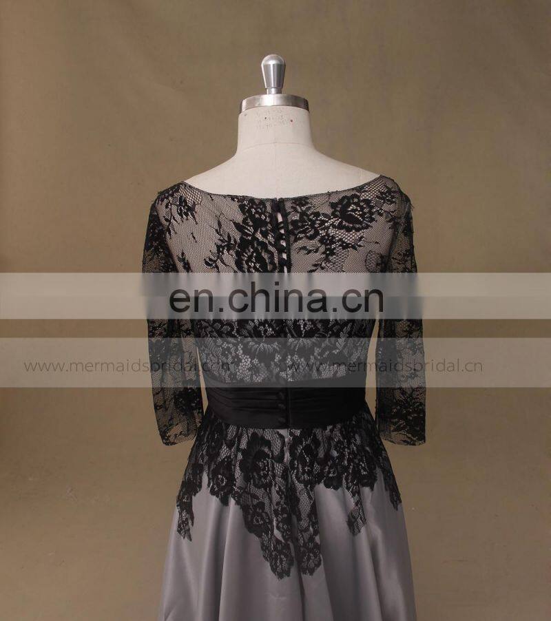 Black and gray lace mother of the bride evening dress long sleeve