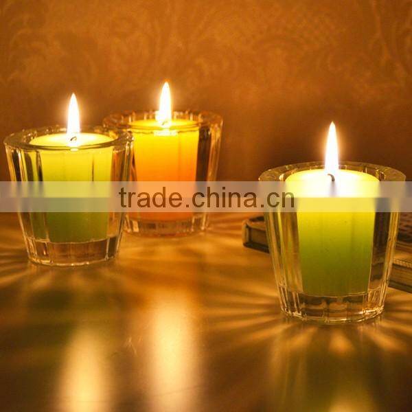 Hand made clear glass mug shaped thick wall and bottom replacement glass candle holder with green and orange candles