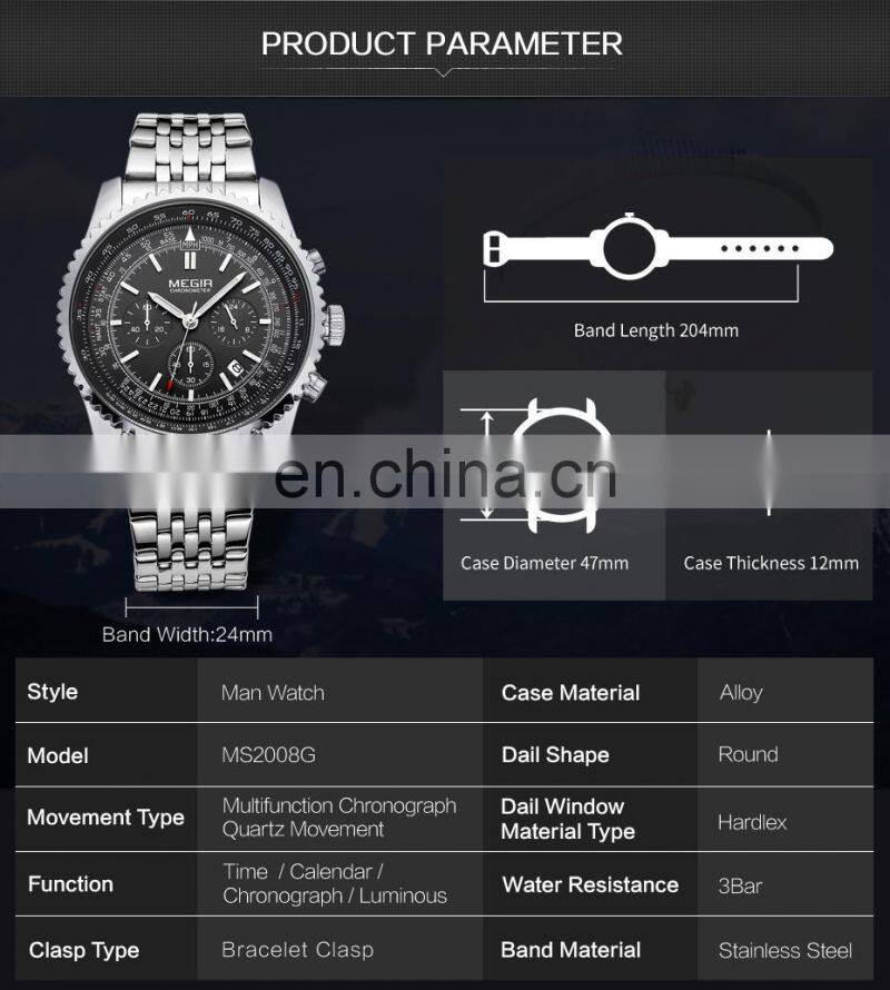 MEGIR Original Men Watch Stainless Steel Quartz Watches Men Top Brand Luxury Clock Men Relogio Masculino 2008