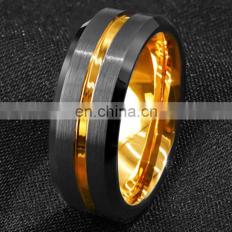 Men's fashion 8MM Black Brushed Ladder Edge Stainless Steel Ring Blue Groove Men Wedding Ring Gifts For Men