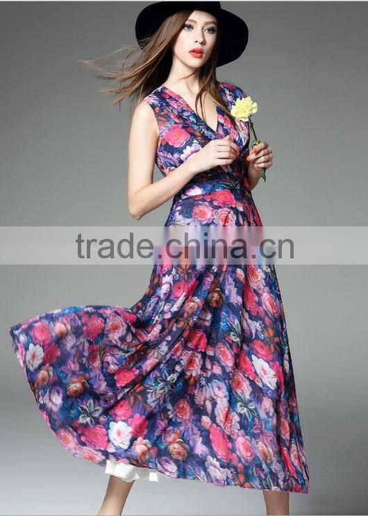 2016 new Spring/summer women Europe high quality v-neck roses printing chiffon dress posed long skirt waist