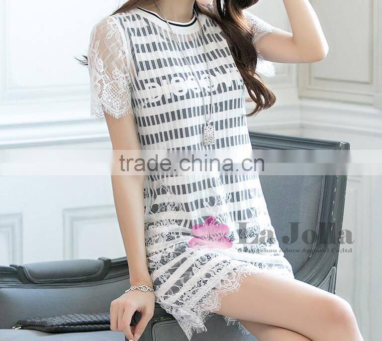 New Fashion High Quality Lace macrame short sleeves two-piece T-shirt 089