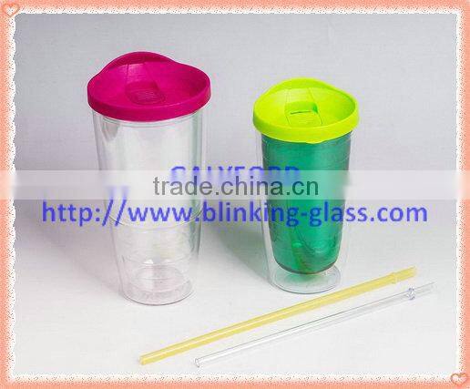 16oz PS double wall reusable plastic cup with lid and straw