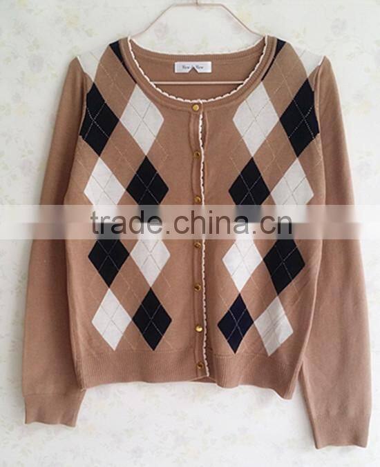 Casual knitting wear wholesale geometric argyle long sleeve women cardigan
