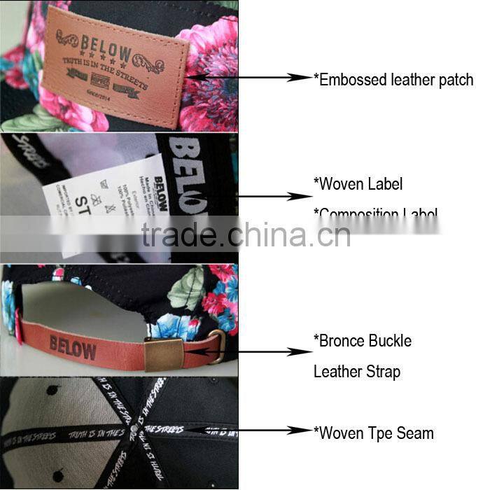 Floral sublimation printing caps, Leather embossed patch hats, Metal buckle leather strap snapback caps