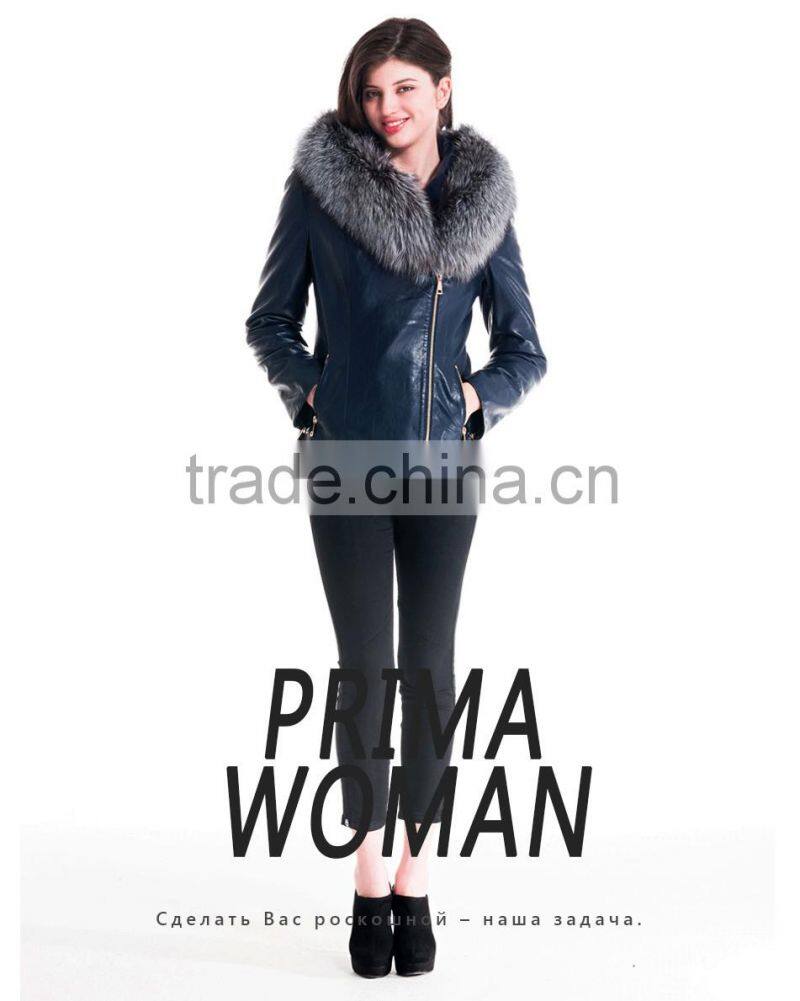 2015 New Design Women Leather Winter Jacket With Short Silver Fox Hat Overcoat