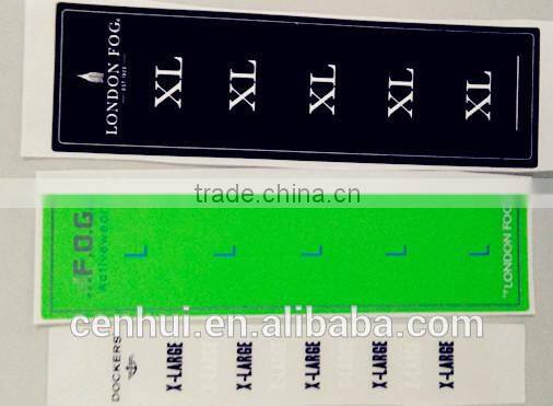 2015 factory customize black adhesive printed size sticker for clothing