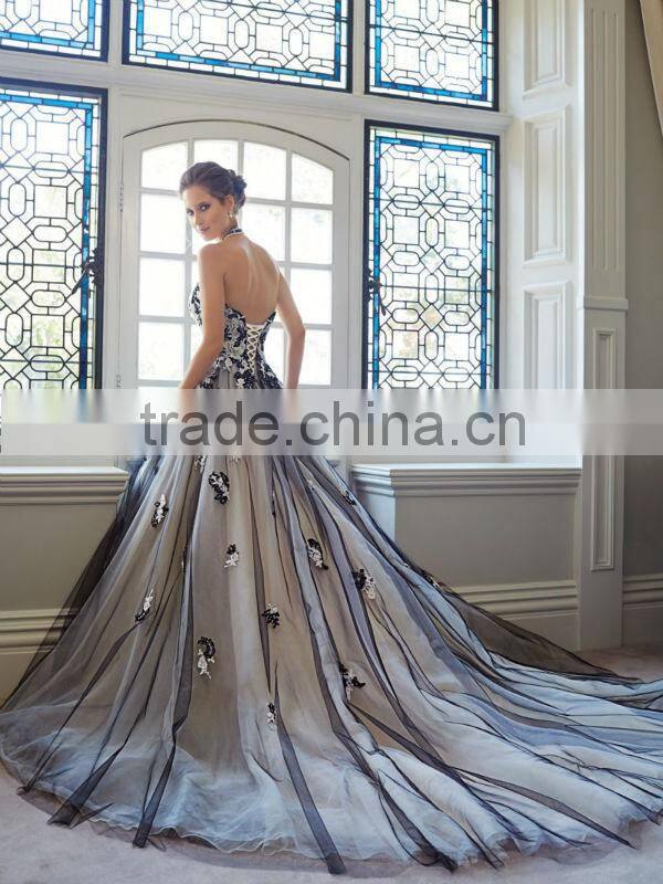 Custom Made Luxury Long Train Applique Black and Ivory Princess Wedding Dress Bridal Gown