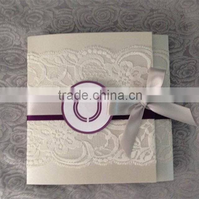 Hot sale elegant & personalized white lace wedding invitations with purple&white ribbons