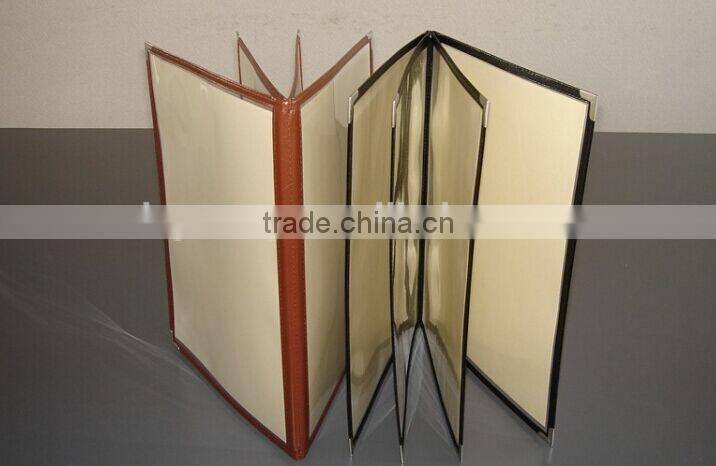 Leather Binding Restaurant Transparent Menu Cover with Metal Cornor