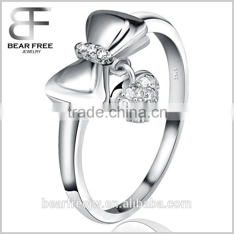 Personality Fashion Popular 925 Sterling Silver Inlaid Zircon Bow-Knot Heart Ring