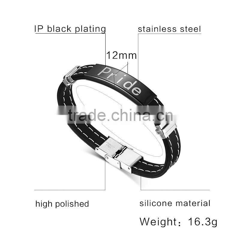 Mens Womens Stainless Steel ID Bracelet Engraved "Pride" for Gay & Lesbian Silicone Chain Black