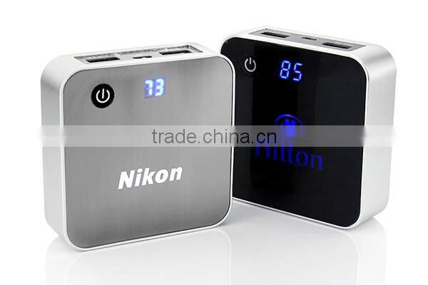metal square dual usb mobile powerbank with illuminating logo
