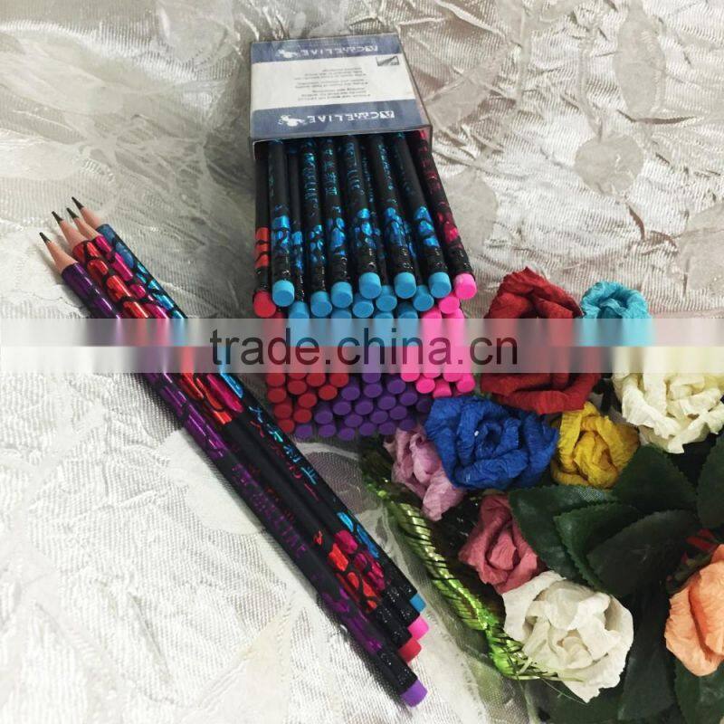 Standard size round shape soft wood 72pcs heat rolling laser HB pencil with eraser