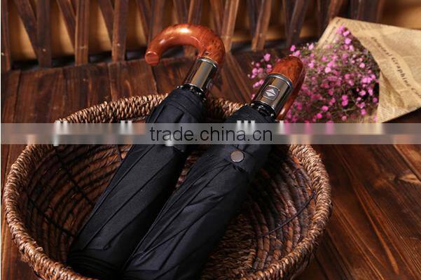 High quality Curve wooden handle pongee foldable umbrella,customized strong 3 fold auto open umbrellas for man