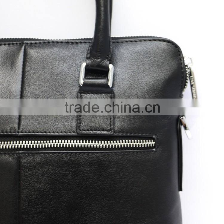 Special design men's black first layer lambskin leather multifunctional zipper briefcase
