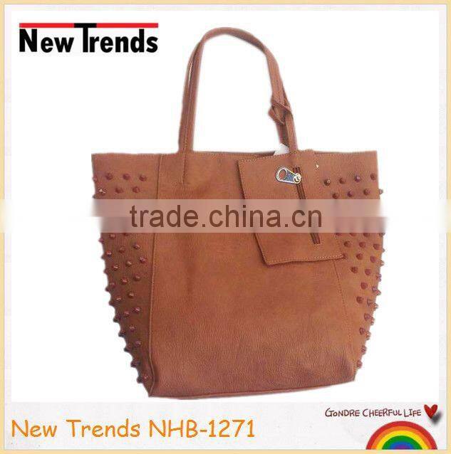 Brown PU and metal studs handbag with purse