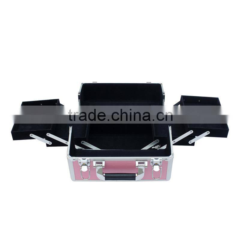 Pink professional beauty double-open with trays hard vanity case,aluminum makeup case empty