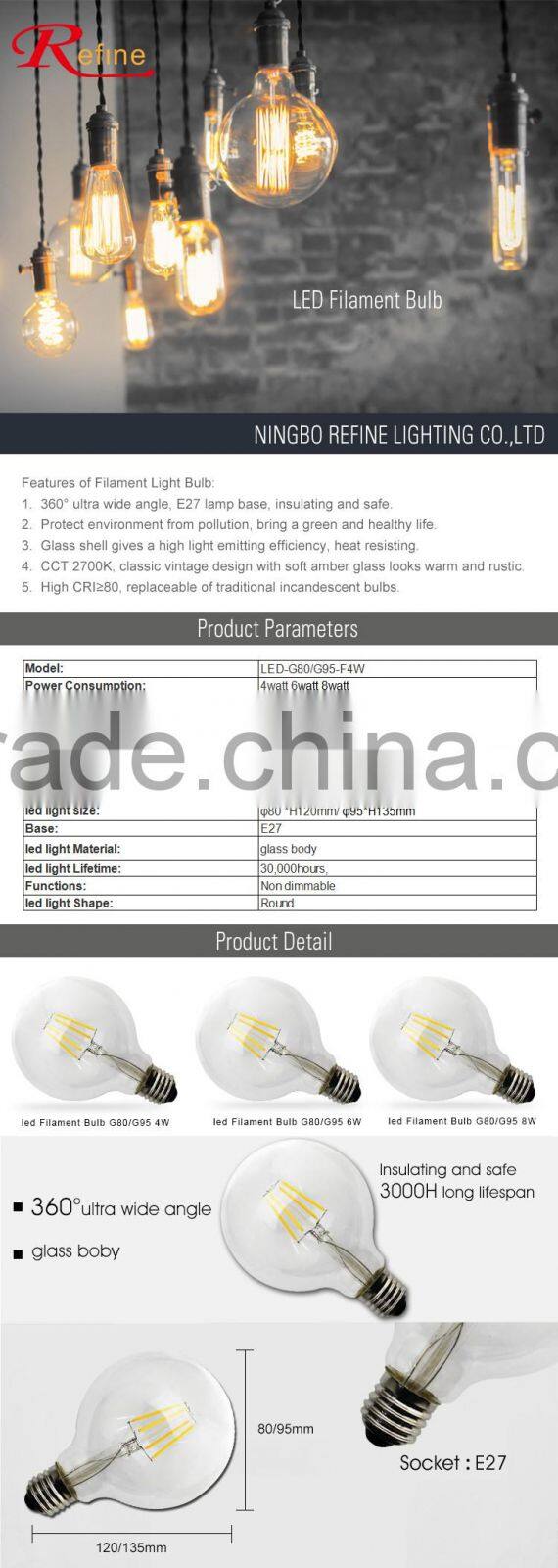 high quality new products G95/G80 4W filament bulb led lamp retro