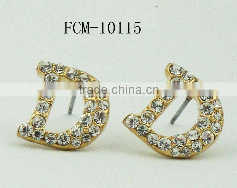 Yiwu wholesale beautiful alloy rhinestone fashion letter D stud earring(FCM-10118)