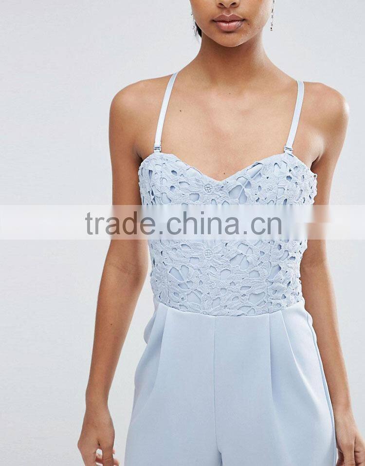 Oem trousers factory new design off shoulder shinny crochet lace ladies sexy jumpsuits 2016