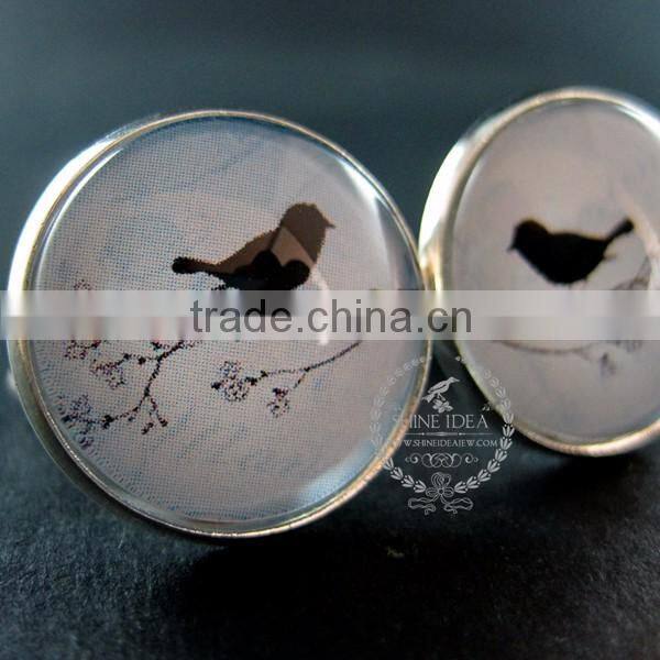 20mm silver plated bird shadow cut blue sky art collage round glass cabochon fashion cufflinks wedding cuff link gift 6600056