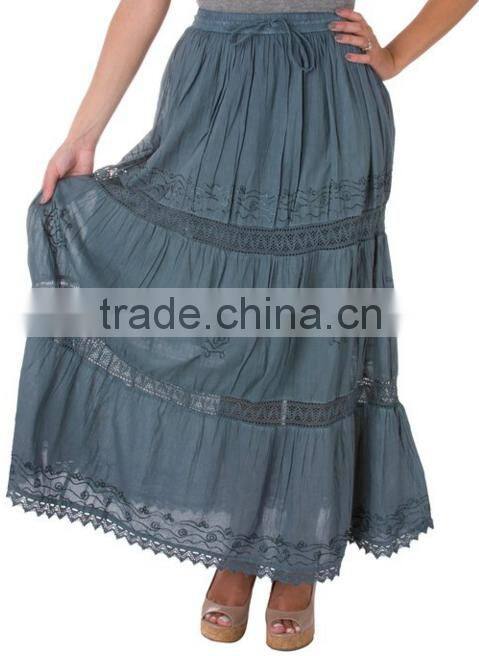 Embroidery Bohemia skirts 100% cotton women maxi skirts with lace insert