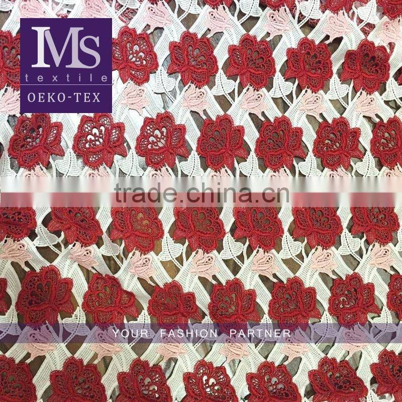 Black net Polyester dress making lace fabric with 3D maple leave design / Good price