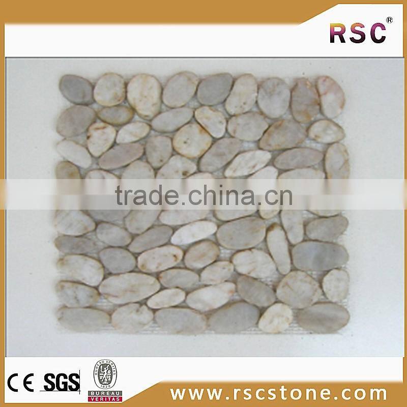Beige level pebble stone mesh tile