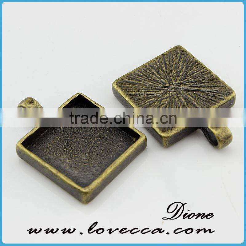 Flat Square glass cabochon pendant tray,antique bronze metal setting for necklace accessories