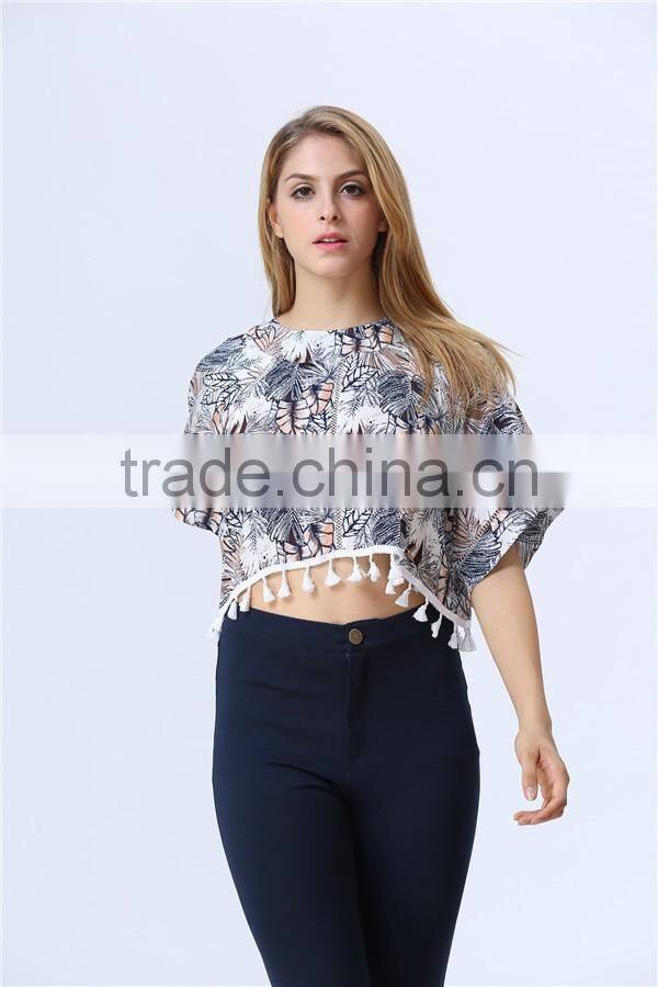 New print leaf print fashion crop tops with tassels hem for women