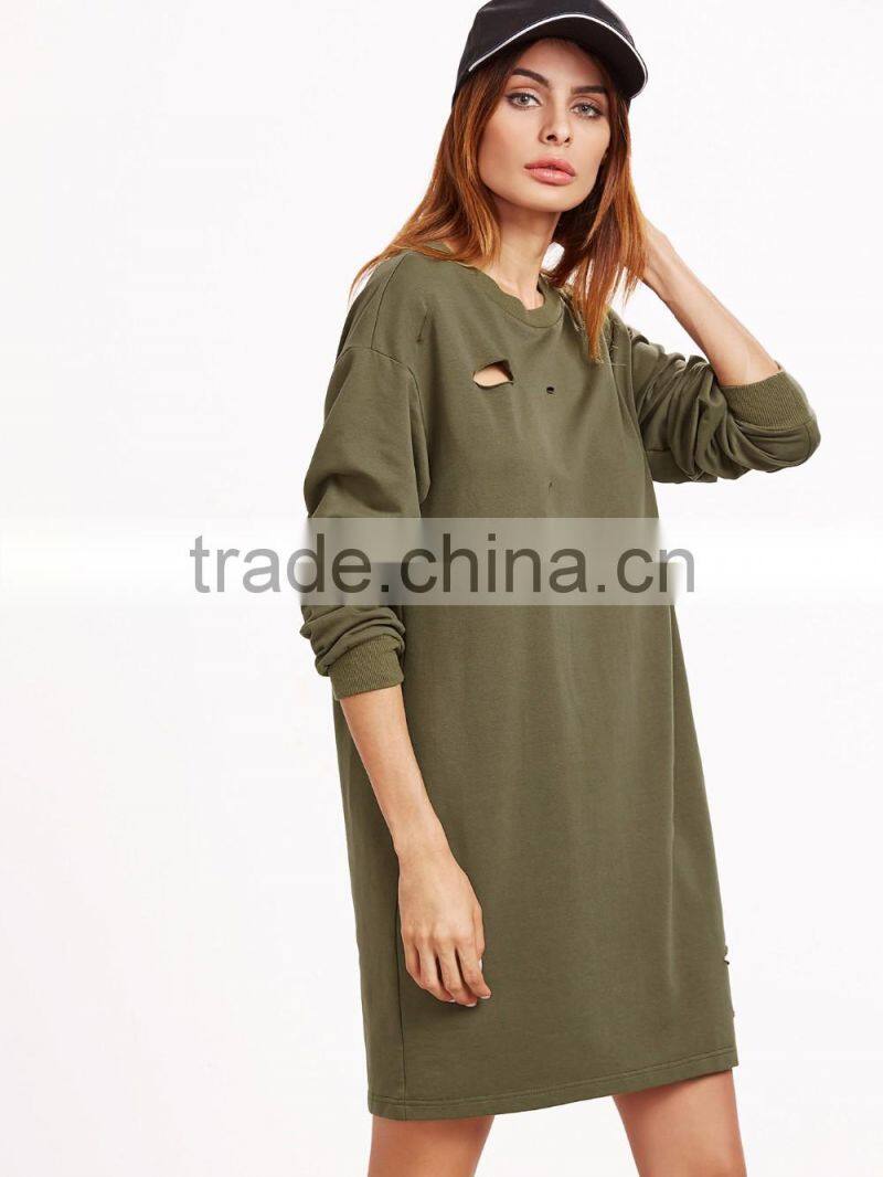 Olive Green Drop Shoulder Distressed Sweatshirt Dress, Women Casual Dress