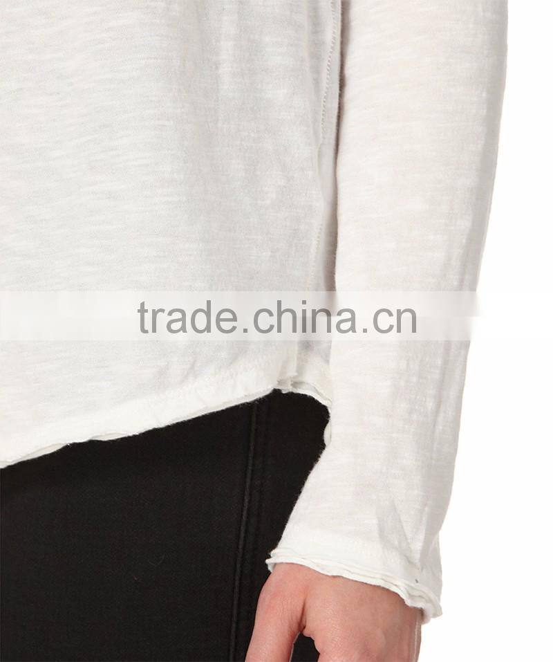 collar design ladies loose plain long sleeve t shirt with pocket