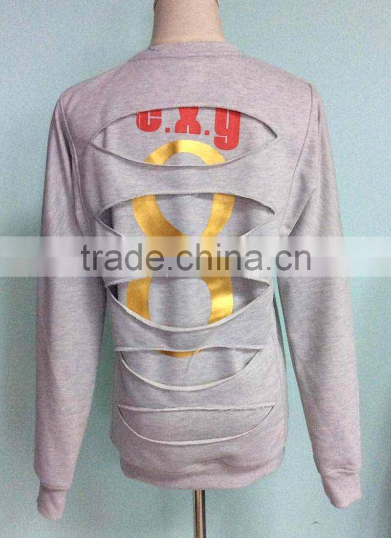 China suppliers garments in terry without hood o-neck cheap design hot stamp slim fitted plain dyed for women sweatshirt hoodies