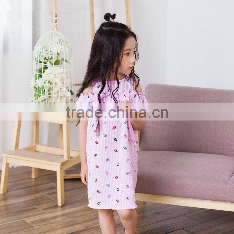 S17581A children dress designs Kids Girls summer strip frocks with ruffle short sleeve