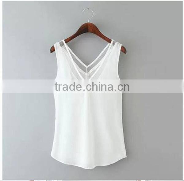 European and American style solid color V-neck blouses stitching gauze halter T-shirt Tank top women