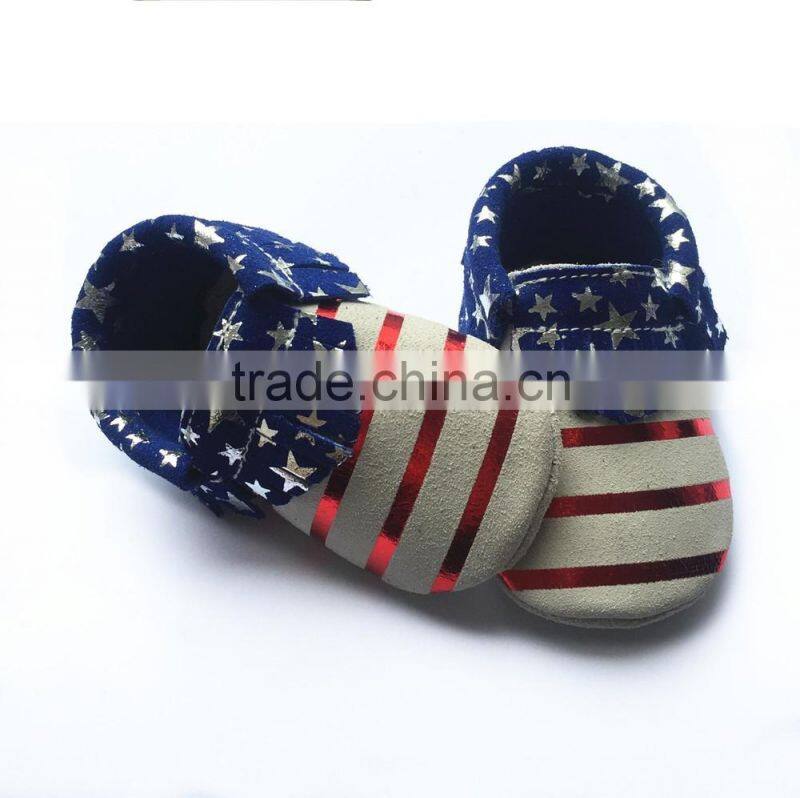 American flag design genuine leather suede outsole breathable baby moccasin shoes