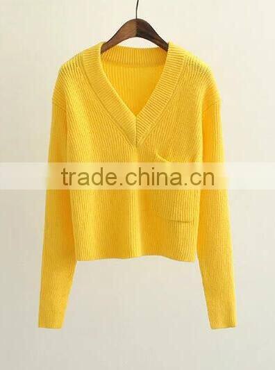 EY0864S Women Long Sleeve Deep V-Neck Knitted Pullover Sweater