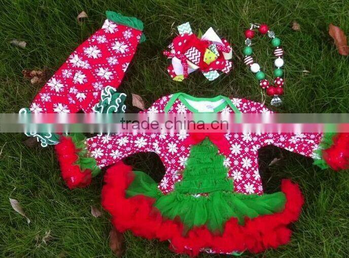 girls Christmas snowflake tree baby romper with matching necklace,leg warmer and hair bow set