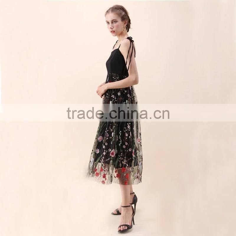 NEWEST WOMEN self-tie strap and floral embroidery black mesh dress