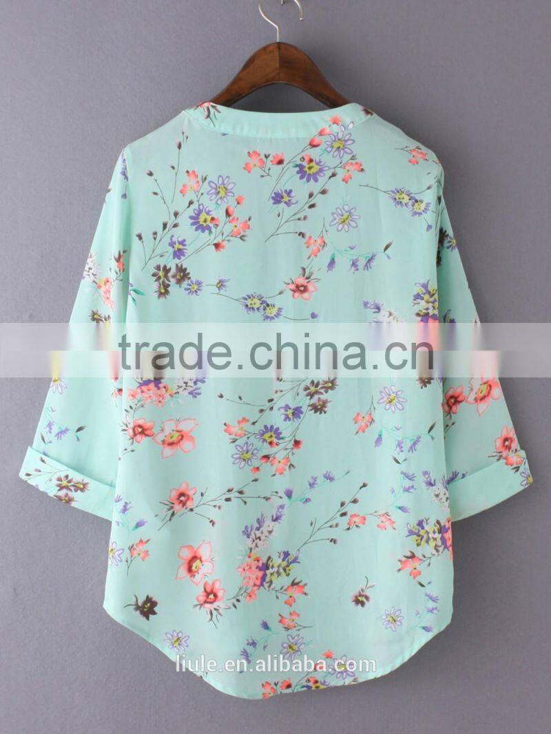 New Design Chiffon Blouses medium Sleeve V-Neck Blouse Elegant Casual Loose Shirt