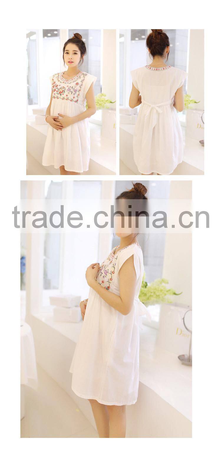 2015 summer maternity dress, pregnant dress, sleeveless EMB dress, 100%cotton