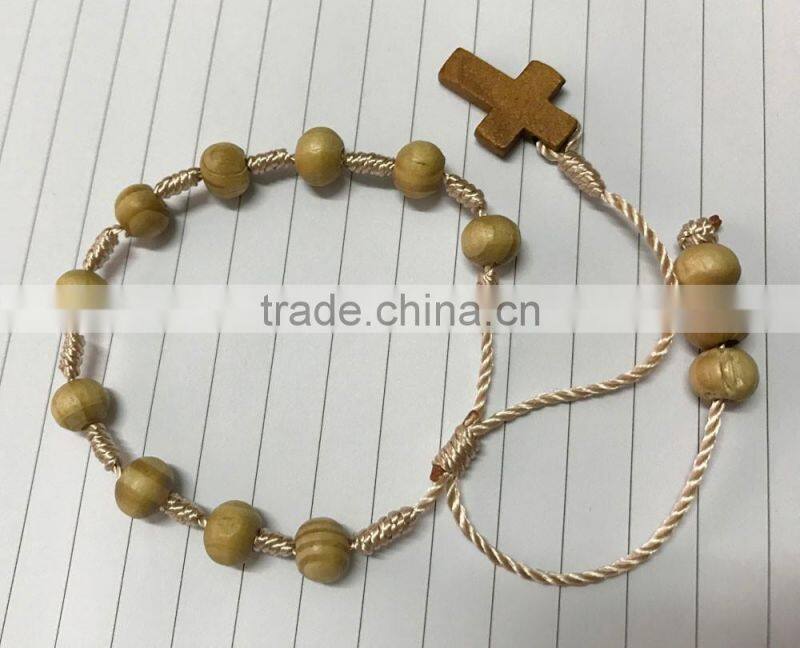 8mm Gorgeous Natural Round Polished Wood Beads Handmade Cord String Bracelet Wooden Prayer Beads Rosary Cross Pendant Bracelet