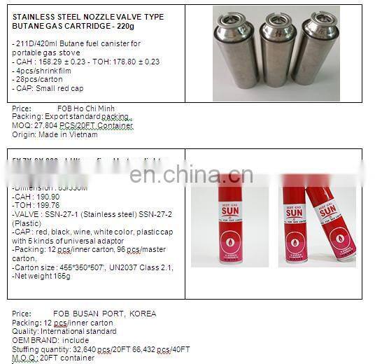 KOREA BUTANE GAS CARTRIDGE 220G NOZZLE TYPE