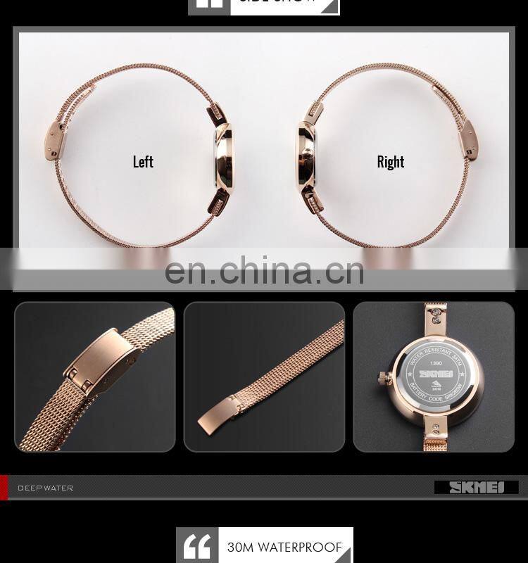 Skmei 1390 luxury gold quartz movement stainless steel strap 3 ATM wrist watch women montre femme