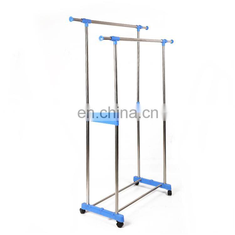 Telescopic sliding non punching clothes hanger iron double pole clothes hanger with wheels