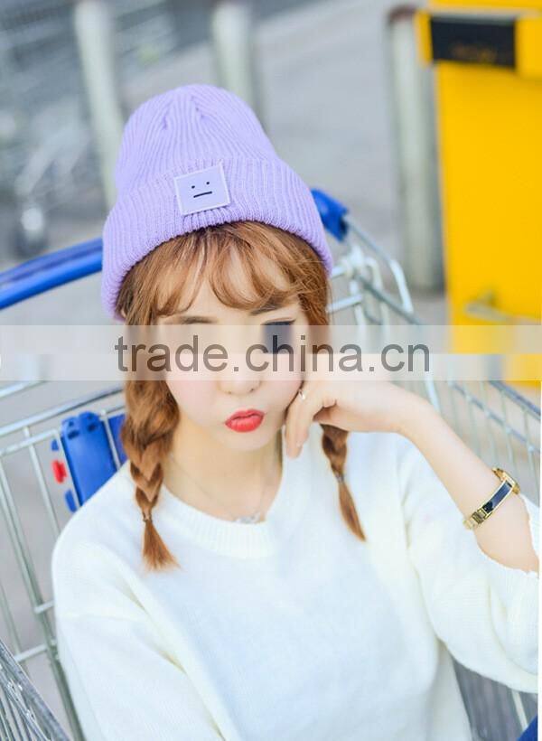 Cute Smile Face Applique Embroidery Rolled Brim Ladies Beanie Hats Fashion